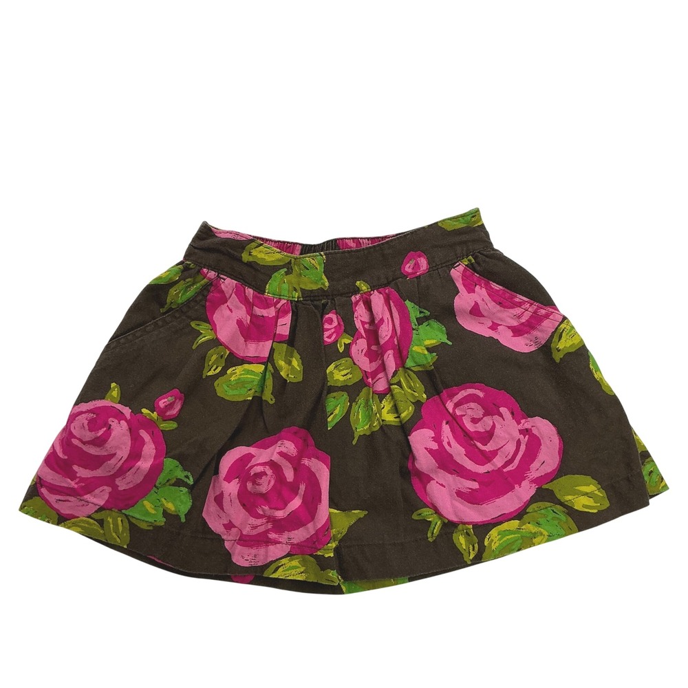 Cherokee Brown Floral Corduroy Skirt Kids Size 6/6X Pink Rose Print Pockets